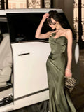 Sexy Sheath Spaghetti Straps Sleeveless Green Silk Satin Long Prom Dresses HZ1024