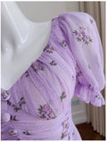 Vintage A line V Neckline Short Sleeves Lilac Tulle Flowers Prom Dress Evening Dresses HZ1024