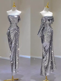 Sexy Mermaid Strapless Silver Sequin Long Prom Dress HZ1024