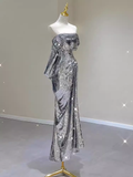 Sexy Mermaid Strapless Silver Sequin Long Prom Dress HZ1024