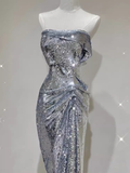 Sexy Mermaid Strapless Silver Sequin Long Prom Dress HZ1024