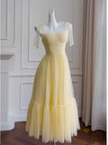 Cute A Line Straps Sleeveless Yellow Tulle Long Prom Dresses HZ1024