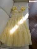 Cute A Line Straps Sleeveless Yellow Tulle Long Prom Dresses HZ1024