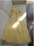 Cute A Line Straps Sleeveless Yellow Tulle Long Prom Dresses HZ1024