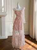 Cute A Line Straps Sleeveless Blush Pink Tulle Sequin Long Prom Dresses HZ1024