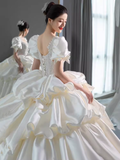 Unique Ball Gown Puffy Sleeves Lace Satin Wedding Dress HZ1024