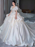 Unique Ball Gown Puffy Sleeves Lace Satin Wedding Dress HZ1024