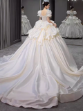 Unique Ball Gown Puffy Sleeves Lace Satin Wedding Dress HZ1024