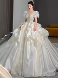 Unique Ball Gown Puffy Sleeves Lace Satin Wedding Dress HZ1024