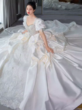 Unique Ball Gown Puffy Sleeves Lace Satin Wedding Dress HZ1024