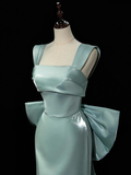 Simple Satin Green Long Prom Dress Green Formal Dress with Bow Tie HZ1024