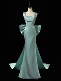 Simple Satin Green Long Prom Dress Green Formal Dress with Bow Tie HZ1024