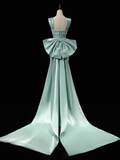 Simple Satin Green Long Prom Dress Green Formal Dress with Bow Tie HZ1024