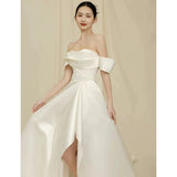 Timeless High Low Sweetheart Long Puffy Sleeves Satin Wedding Dresses With Ruffles HZ1024