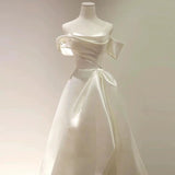 Timeless High Low Sweetheart Long Puffy Sleeves Satin Wedding Dresses With Ruffles HZ1024