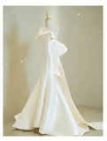 Sexy Mermaid Sweethart Sleeveless Satin Long White Wedding Dresses With Bow HZ1024