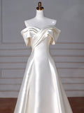 Timeless A-Line Off Shoulder Satin Wedding Dresses With Ruffles HZ1024