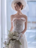 Unique A line Strapless Satin Long Wedding Dress With Bowknot HZ1024