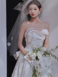 Unique A line Strapless Satin Long Wedding Dress With Bowknot HZ1024
