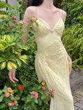 Elegant Mermaid Spaghetti Straps Yellow Chiffon Long Prom Dresses Evening Dress With Beads HZ1024