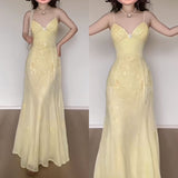 Elegant Mermaid Spaghetti Straps Yellow Chiffon Long Prom Dresses Evening Dress With Beads HZ1024