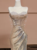 Elegant Mermaid Sweetheart Champagne Sequin Long Prom Dresses Evening Dress With Beads HZ1024