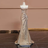 Elegant Mermaid Sweetheart Champagne Sequin Long Prom Dresses Evening Dress With Beads HZ1024