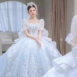 Fairytale Ball Gown Square Neckline Lace Long Wedding Dresses HZ1024