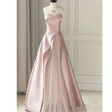 Modest A line Strapless Long Light Pink Prom Dresses Evening Party Dress HZ1024
