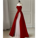 Modest A line Strapless Long Red Satin Prom Dresses Evening Party Dress HZ1024