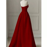 Modest A line Strapless Long Red Satin Prom Dresses Evening Party Dress HZ1024
