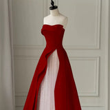 Modest A line Strapless Long Red Satin Prom Dresses Evening Party Dress HZ1024