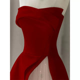 Modest A line Strapless Long Red Satin Prom Dresses Evening Party Dress HZ1024