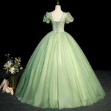 Modest Ball Gown V Neckline Sage Green Tulle Long Flowers Sweet 16 Dresses HZ1024