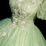 Modest Ball Gown V Neckline Sage Green Tulle Long Flowers Sweet 16 Dresses HZ1024