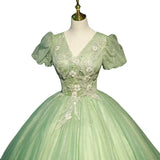 Modest Ball Gown V Neckline Sage Green Tulle Long Flowers Sweet 16 Dresses HZ1024