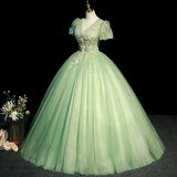 Modest Ball Gown V Neckline Sage Green Tulle Long Flowers Sweet 16 Dresses HZ1024