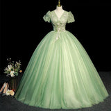 Modest Ball Gown V Neckline Sage Green Tulle Long Flowers Sweet 16 Dresses HZ1024