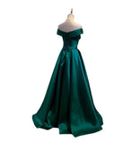 Simple A line Off The Shoulder Green Satin Prom Dresses Evening Party Dress HZ1024