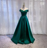 Simple A line Off The Shoulder Green Satin Prom Dresses Evening Party Dress HZ1024