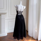 Cute A Line Spaghetti Straps Sleeveless Black Long Prom Dresses HZ1024