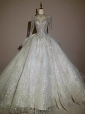 Fairytale Ball Gown High Neckline Tulle Sequin Long Wedding Dresses HZ1024