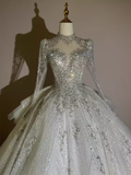 Fairytale Ball Gown High Neckline Tulle Sequin Long Wedding Dresses HZ1024