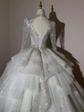 Fairytale Ball Gown High Neckline Tulle Sequin Long Wedding Dresses HZ1024