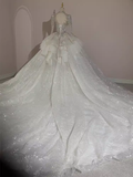 Fairytale Ball Gown High Neckline Tulle Sequin Long Wedding Dresses HZ1024