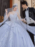 Fairytale Ball Gown Strapless Tulle Sequin Long Wedding Dresses HZ1024
