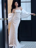 Sexy Mermaid Strapless White Lace Long Prom Dresses HZ1024