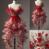 Vintage High Low Spaghetti Straps Red Knee Length Homecoming Dress Lace Birthday Dresses HZ1024