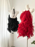 Cute Sheath Halter Red Short Homecoming Dresses With Ruffles HZ1024