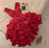 Vintage Ball Gown V Neckline Red Homecoming Dress Ruffles Layers Birthday Outfits HZ1024